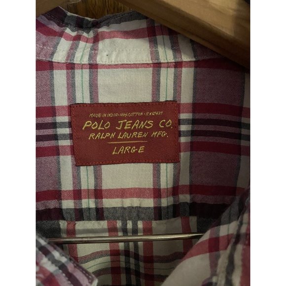 Ralph Lauren Polo Jeans Shirt Adult Large Red White Plaid Button Up Casual Mens - Picture 2 of 6